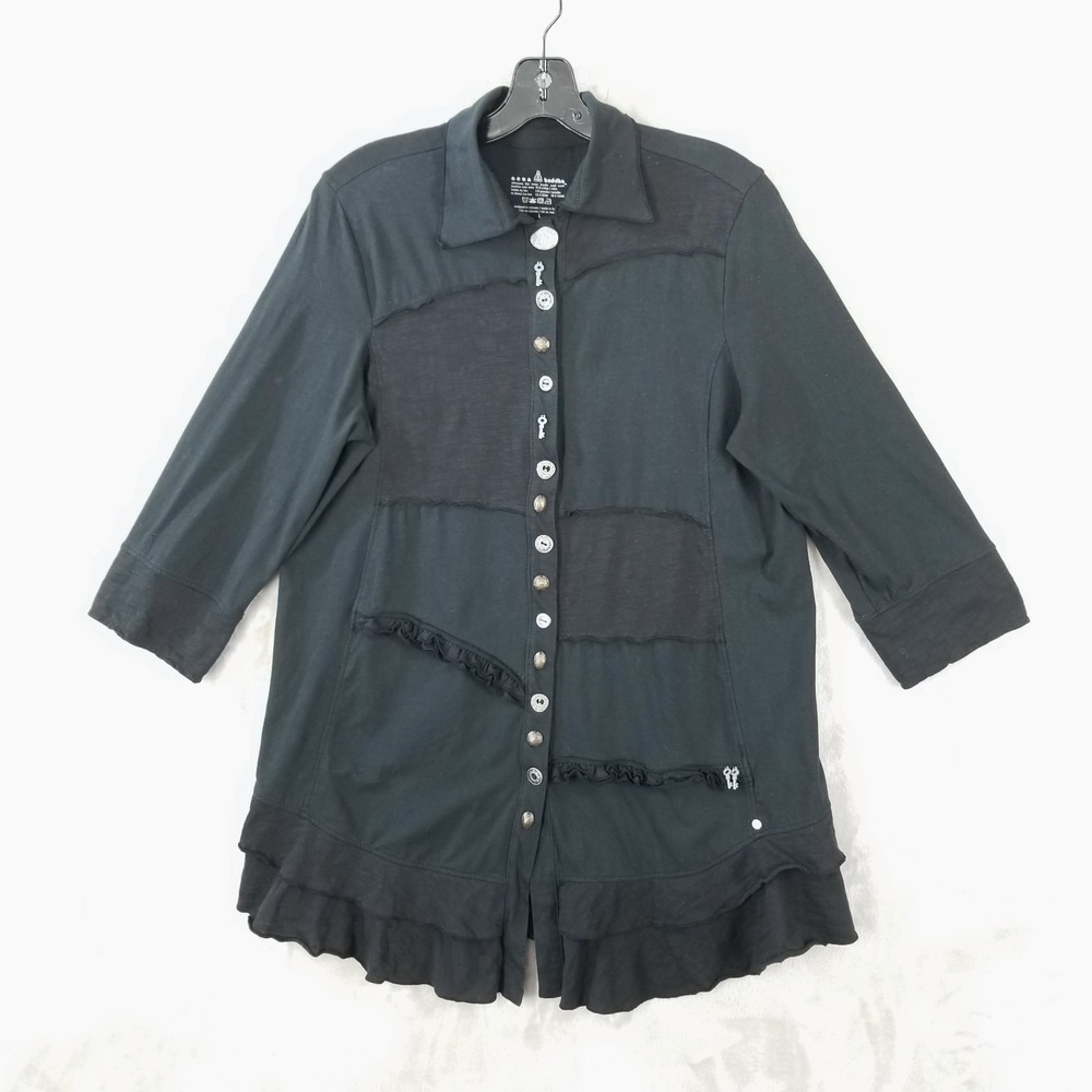 Neon Buddha Jacket Women L Black Jersey Ruffle Layer Button Front Lagenlook